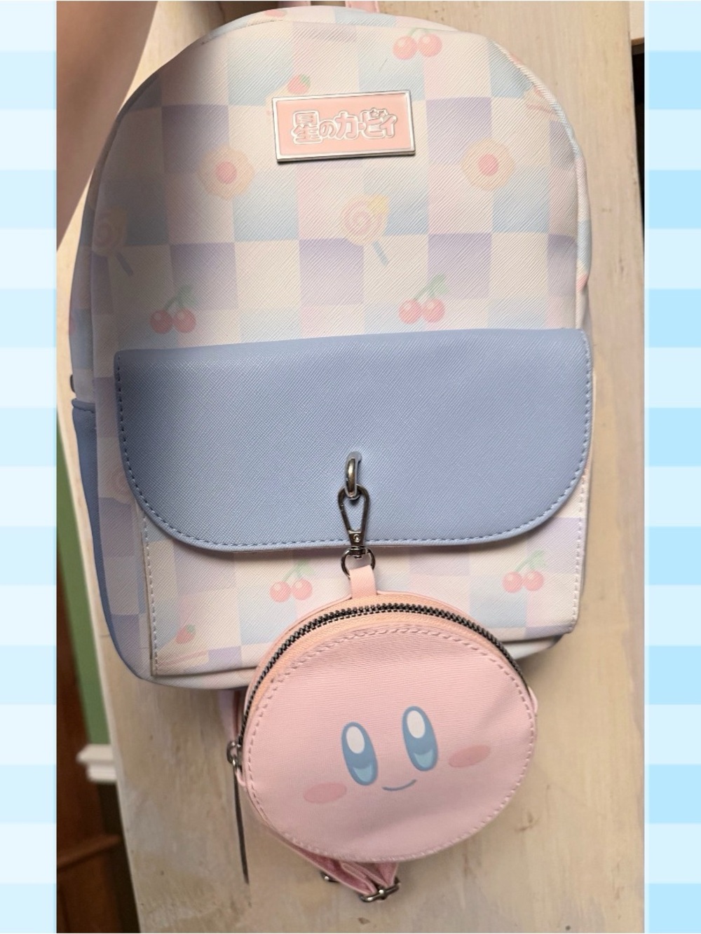Kids Pastel Cherry Check Mini Backpack with Kirby Coin Purse - Pink & Light Blue